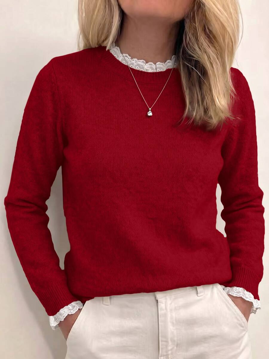 Sprig & Strand Spring/Summer Casual Comfortable Elegant Women's Knit Top, Solid Color Long Sleeve Pullover With Small Round Neck And Lace Patchwork, Office Commute Sweater - Red - View 1