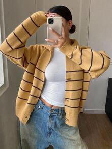 DAZY Contrast Color Striped High Neck Long Sleeve Loose Fit Horn Button Cardigan For Women - Coffee Brown - View 6