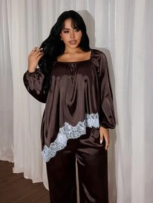 Rustia Plus Contrast Lace Lantern Sleeve Satin Top & Pants Set Fall - Brown - View 5