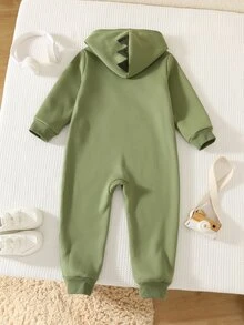 SHEIN Young Boy Casual Comfortable Cute Style Cartoon Dinosaur Design Loose Knit Soft Hooded Long Sleeve Zip-Up Jumpsuit All-Match Versatile Suitable For Home And Outings - Green - View 2