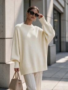 SHEIN 女款休閒極簡純色圓領長袖針織衫 - 米色 - 查看 3