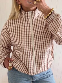 SHEIN EZwear 大尺碼女款格紋立領夾克，都市文藝街頭風，休閒時尚，創意個性街頭穿搭秋季款 - 彩色 - 查看 1