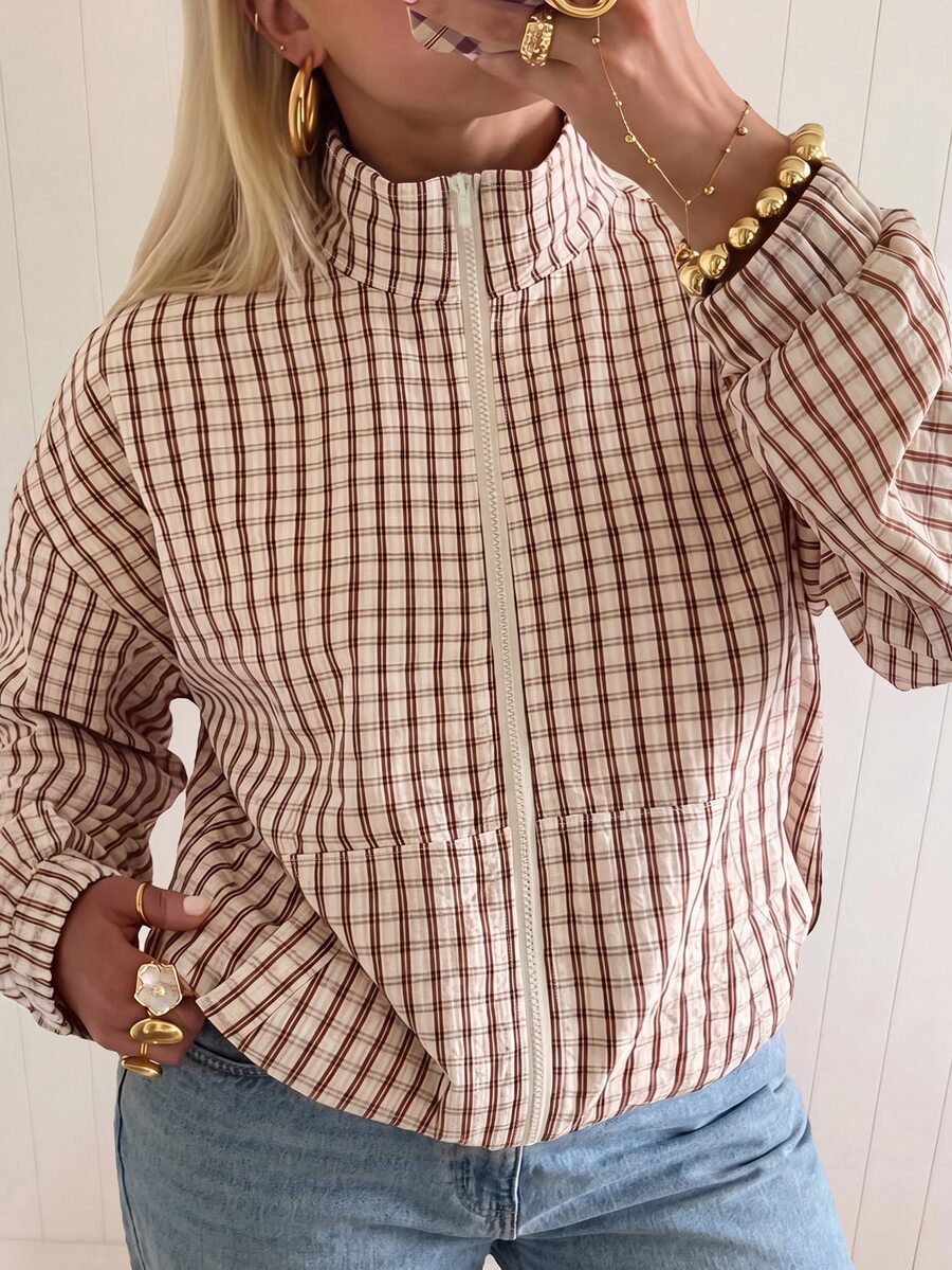 SHEIN EZwear 大尺碼女款格紋立領夾克,都市文藝街頭風,休閒時尚,創意個性街頭穿搭秋季款 - 彩色 - 查看 1