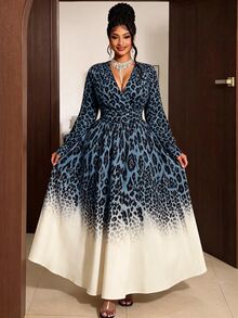 Maweii Gaun Ukuran Besar Motif Leopard Warna Blok dengan Leher Surplice untuk Musim Gugur - Biru - View 1