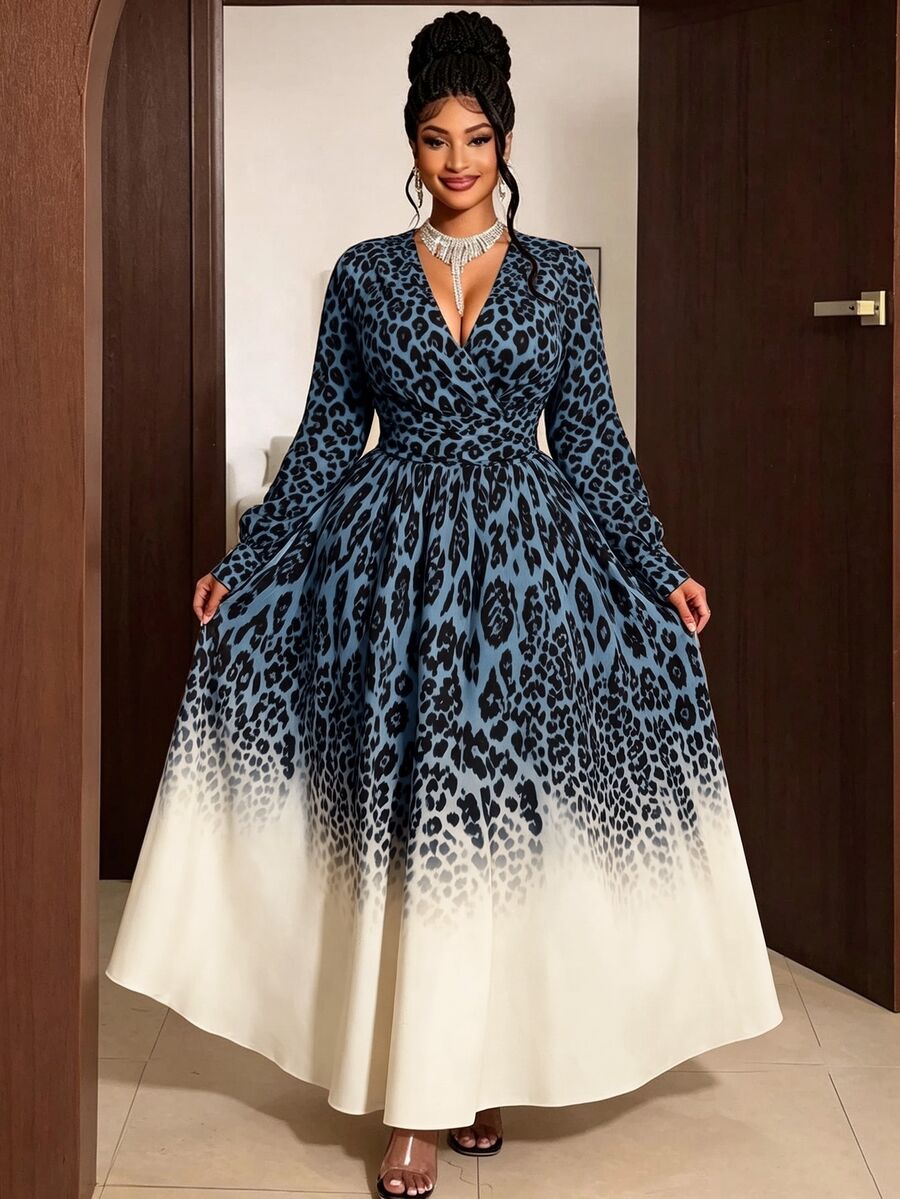 Maweii Gaun Ukuran Besar Motif Leopard Warna Blok dengan Leher Surplice untuk Musim Gugur - Biru - View 1