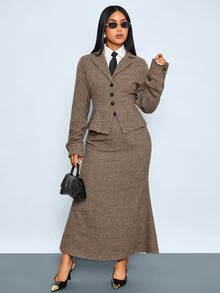 SOLERSUN Women's Elegant Turndown Collar Long Sleeve Button Waisted Retro Plaid Blazer,Back To School Old Money Style,Modest 90s In Fall/Winter,Commuter Jacket - Brown - View 8