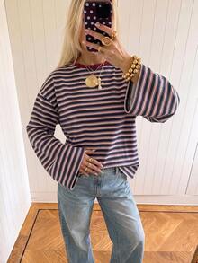 SHEIN EZwear 女款休閒圓領寬鬆長袖T恤，條紋T恤，秋季女裝，適合日常通勤、聚會、夏季、聖誕節、新年、感恩節、派對、婚禮、海灘、出遊、約會、情人節，優雅度假Y2K風 - 彩色 - 查看 5
