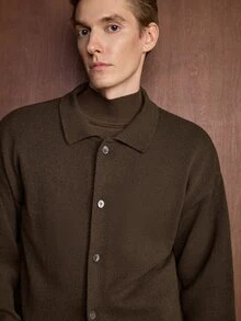 Manfinity CityGents 男士休閒翻領單排扣長袖針織開襟衫 - 咖啡棕 - 查看 2