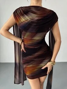 Firerie Dark Brown Chic Sexy Women's Ruched Mesh One Shoulder Mini Dress Abstract Pattern Bodycon Fit For Evening Events Night Elegant Party Formal New Year - Multicolor - View 9