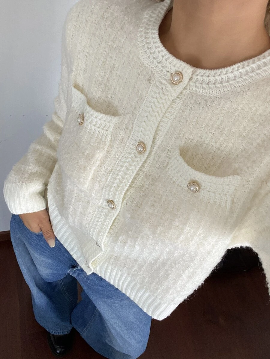 Livesso Women's White Round Neck Button Cable Knit Long Sleeve Slim Fit Ribbed Cardigan Sweater, Winter - White - View 1