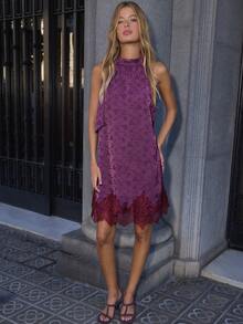 Nöista Burgundy Jacquard Halter Mini Dress With Neck Tie, Flared Fit And Lace Hem. Fall, Winter, Party, Evening, Romantic, Dinner, Christmas, Night Out. - Purple - View 2