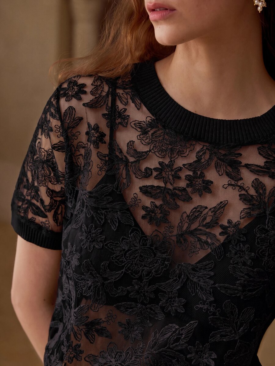 MOTF PREMIUM WOMEN'S ROUND NECK LACE SEXY SHORT SLEEVE KNIT TOP - Black - View 2