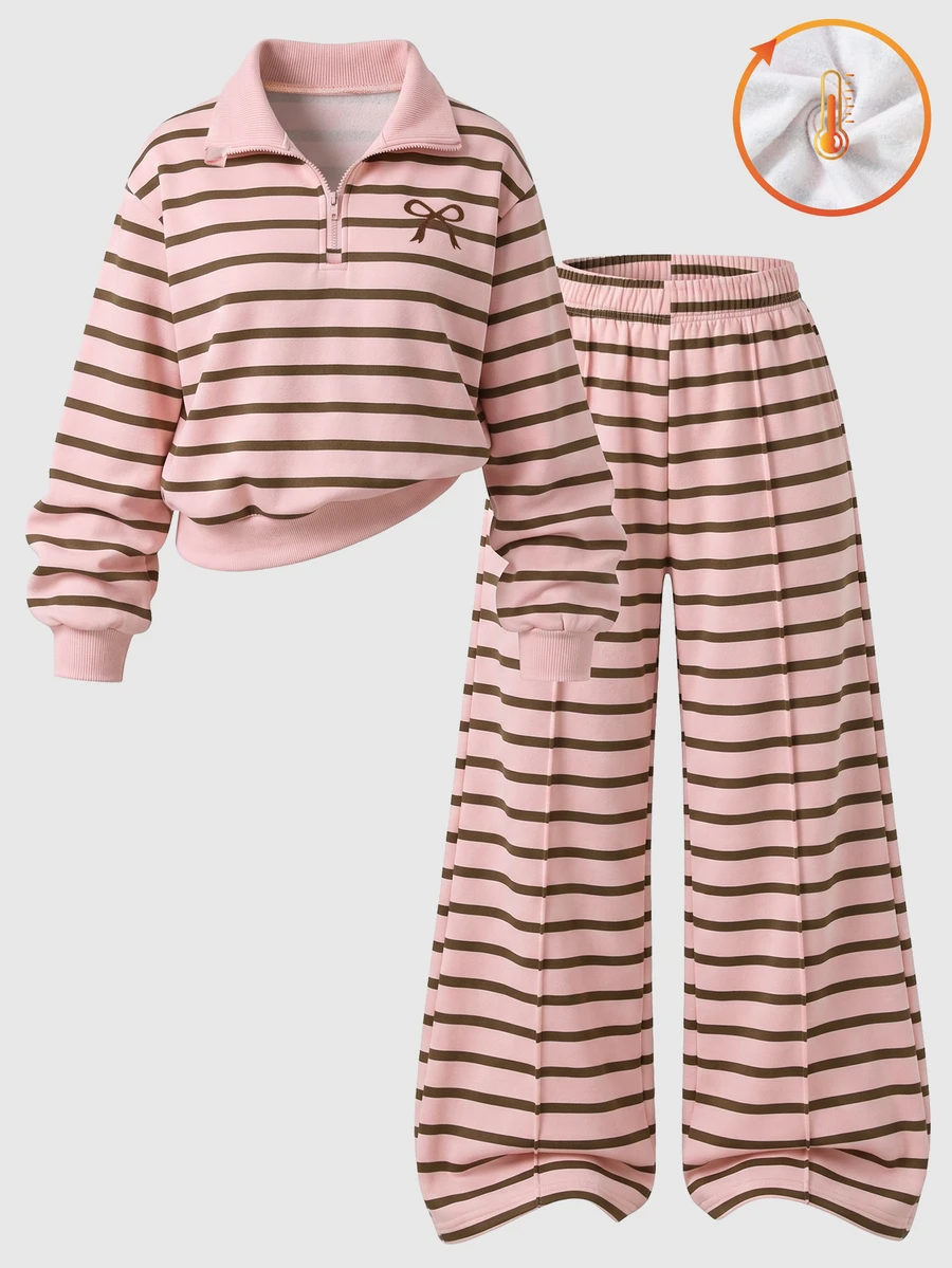 SHEIN Girls Fleece Striped Outfits, Cute Half Zip Bow Sweatshirt Wide Leg Pants 2 Pieces Set Autumn Winter - Pink - View 1