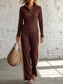 Omancia Caramel Coffee Color Knitted Set For Women, Ribbed Slimming Contrast Color Tape Flared Pants, Fashionable Casual 2 Pieces Set - Coffee Brown - View 4