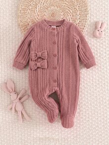 SHEIN 新生兒蝴蝶結裝飾長袖秋冬連身衣 - 粉色 - 查看 3