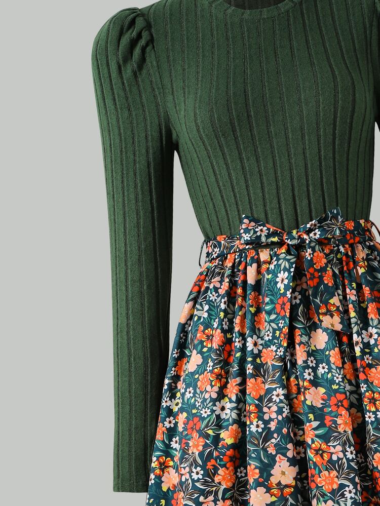 SHEIN 1pc Women's Teen French Vintage Dress, Petal Sleeve Ribbed Knit Patchwork Floral Cinched Waist Mid-Length A-Line Dress For School, Party, Daily, Spring And Autumn - Dark Green - View 7