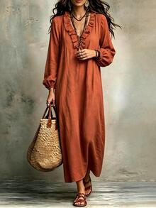 SHEIN Casual V-Neck Ruffle Loose Fit Maxi Dress For Women - Orange Red - View 6