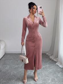 SHEIN Elenzya Women's Solid Color Long Sleeve Collared Waist-Cinching Button-Up Dress - Pink - View 5