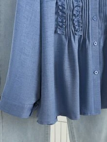 Lacomfia Haze Blue Long Sleeve Loose Fit Striped Trim Frill Trim Plus Size Shirt - Dusty Blue - View 6