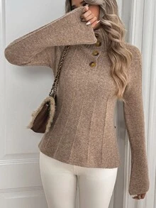 Sprig & Strand Women's Autumn/Winter Vintage Minimalist Half-Button Knit Sweater Top - Khaki - View 4
