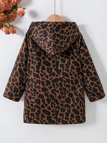Young Girl Leopard Print Hooded Jacket With Fleece Lining, Button Front Long Sleeve Casual Coat For - Brown - View 2