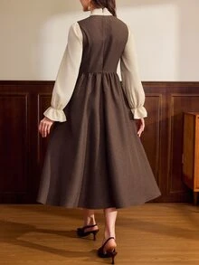 Vintamour Women's Fashion 2in1 Pleated Bow Design Long Dress - Brown - View 2
