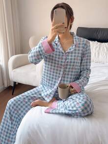 SHEIN Women's Spring/Autumn Loose Sweet Pink & Blue Colorblock Plaid Bow Element Long Sleeve Pajama Set Loungewear - Blue - View 3