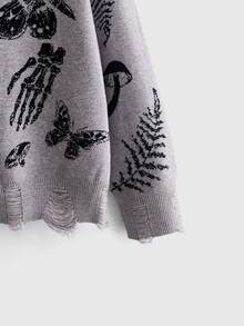 ROMWE Dark Gothic Skull Moth Plant Jacquard Loose Knit Cardigan - Dark Grey - View 3