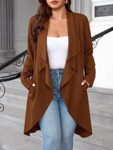 SHEIN Clasi 大尺碼女款純色大翻領瀑布領開襟夾克外套 - 鏽棕色 - 查看 3