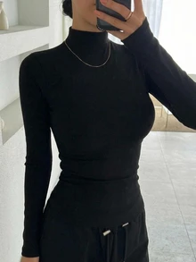 DAZY 青少年女孩純色立領休閒日常長袖T恤 - 黑色 - 查看 4