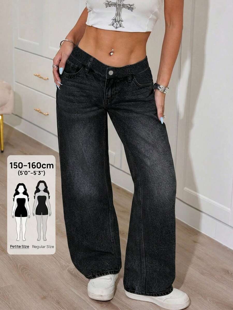 SHEIN PETITE 女款休閒日常旅行牛仔長褲,附口袋與鈕扣,適合小個女款,秋季/秋冬 - 黑色 - 查看 1