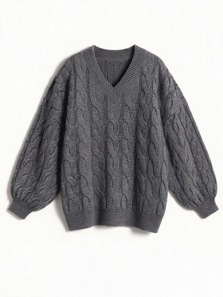Rustia Plus Size Women's Cable Knit V-Neck Drop Shoulder Long Sleeve Casual Pullover Sweater - Grey - View 7