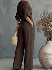 Breezaya Plus Size Women Elegant Casual Solid Color V-Neck Cinched Waist Straight Leg Long Sleeve Jumpsuit, Asymmetrical Minimalist Design With Multi-Functional Pockets, Suitable For Daily Wear, Commuting, Dating And Gathering - Coffee Brown - View 2
