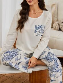 Serenescape Vacation Style Printed Long Sleeve Set, Spring/Autumn Thin Crew Neck Casual Loose Loungewear - White - View 7
