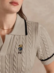 Briarwyn Women's Cartoon Bear Pattern Collared Short Sleeve Knit Top - Apricot - View 2
