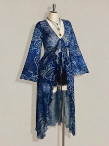 SHEIN ICON 大尺碼女款V領滿版印花休閒日常穿著上衣 - 寶藍色 - 查看 7