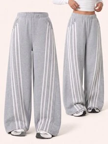 SHEIN Tween Girls Grey Sweatpants With Striped Design, Casual Fashion Creative Personalized - Grey - View 1