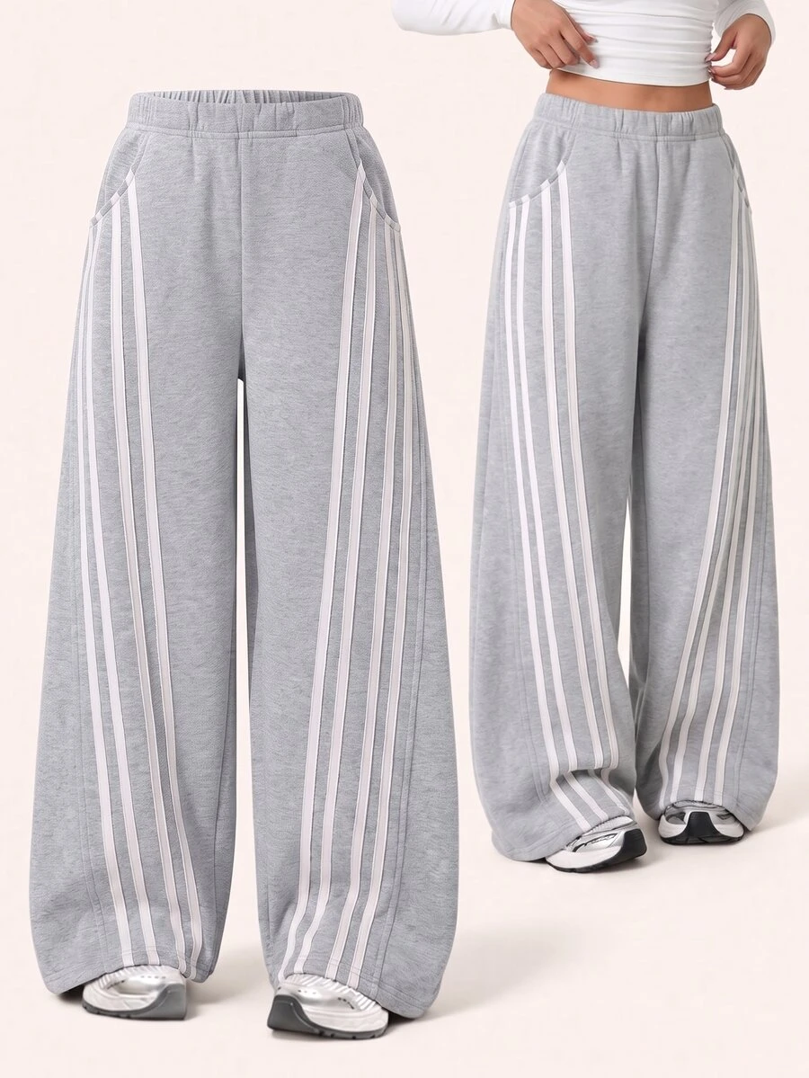 SHEIN Tween Girls Grey Sweatpants With Striped Design, Casual Fashion Creative Personalized - Grey - View 1