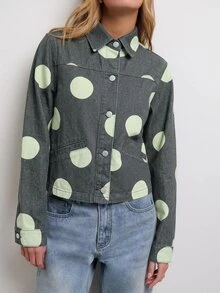 Nöista 女款時尚休閒波點印花丹寧夾克，翻領領口 - 綠色 - 查看 6