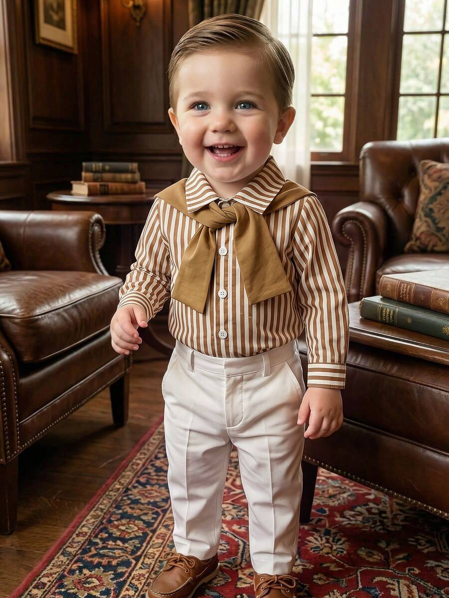 Baby Boy Gentleman Striped Pony Print Collared Preppy Shirt And Shawl 2 Pieces Set, Suitable For Winter - Khaki - View 1