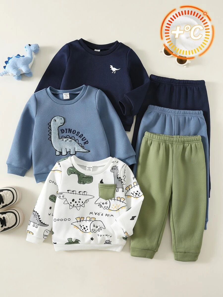 SHEIN 6pcs Baby Boy Autumn/Winter Cartoon Animal Pattern Knitted Soft Crew Neck Long Sleeve Pullover Sweatshirt Elastic Waist Long Pants 6-Piece Set Basic Multi-Piece Sweatshirt Set Cute Set Dinosaur Set Green Set Infant Set - Multicolor - View 1