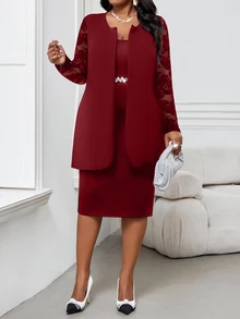 SHEIN Lady 春夏休閒優雅波西米亞風 V 領黑白長版印花襯衫大尺碼直筒寬腿褲兩件套秋季 - 酒紅色 - 查看 3