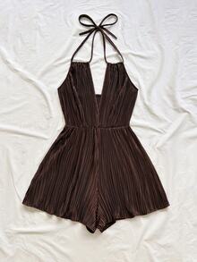 Soleia Plus Size Women's Brown Toothpick Pleated Print V-Neck Halter Back Tie Open Back Cinched Waist Voluminous Wide Leg Romper - Multicolor - View 3