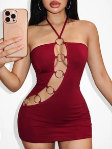 BamGleam Women's Solid Color Ring-Connected Hollow Design Sexy Halter Neck Dress - Burgundy - View 6