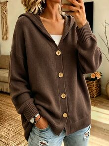 SHEIN Women's Spring, Summer, Autumn, And WinterHooded Long Sleeve Single-Breasted Solid Color Cardigan - Coffee Brown - View 5