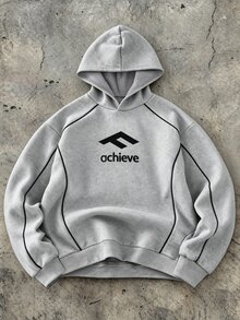 SHEIN 1件青少年男孩極簡休閒運動印花圖案套頭衛衣，對比色滾邊設計，舒適面料，獨特版型，秋冬新款，適合多種場合 - 淺灰色 - 查看 3