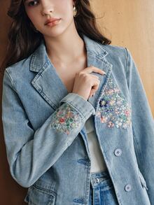 Anewsta Women's New Fashion Heavy Embroidery Luxurious Casual Comfortable Blue Jeans Jacket - Blue - View 2
