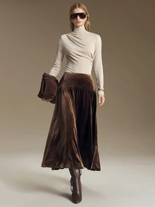 Ontre 2026SS 春夏女款都市風純色杏色抽褶輕度假風夏季服飾，日常穿著優雅度假穿搭，優雅純色鬆緊腰百褶休閒長裙，適用茶會、度假派對、假日穿搭，時尚百搭女裙 - 咖啡棕 - 查看 2