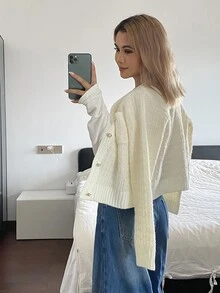 Livesso Women's White Round Neck Button Cable Knit Long Sleeve Slim Fit Ribbed Cardigan Sweater, Winter - White - View 2