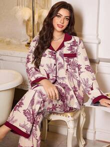MuseNap CURVE Contrast Color Lapel Tropical Plant & Animal Print Plus Size Pajama Set - Burgundy - View 6